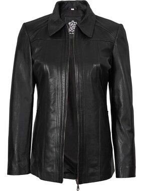 Women’s Black Leather Shirt Collar Long Coat Jacket